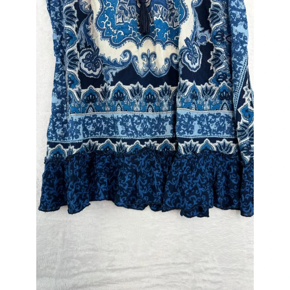Bila Womens Blue Medallion Paisley Sleeveless Boho Ruffle Tassel Top Large - Picture 4 of 8